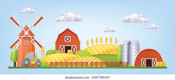 3D farm barn landscape, vector mill house front view, red silo cartoon agriculture building exterior. Rural wooden stable yellow wheat field, village barnyard granary tower clipart. Farm barn tractor