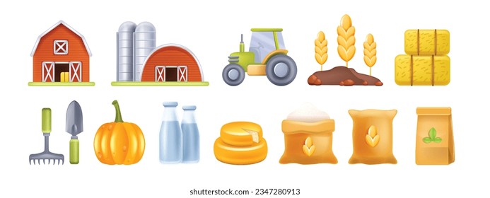 3D farm icon set, vector agriculture produce market pictogram, village rural building, tractor. Wheat field, garden rake, diary products, milk, cheese, flour bag, haystack, barn. Farm icon eco element