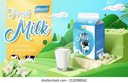 3d farm owned milk ad banner. Milk carton box package and glasses on grass stair stages with cows and grazing scenery.