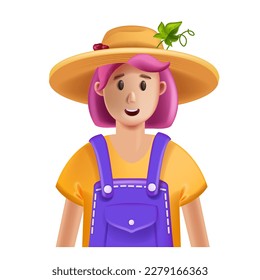 Icono de avatar de granjero 3D, caricatura de personaje de jardinero femenino vectorial sonriendo joven cara de sombrero de sol que se cubre. Verano mujer segura de trabajar, retrato profesional exitoso de persona. Ilustración de granjero 3D