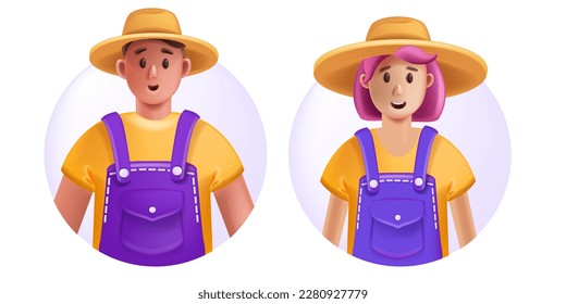 3D farmer avatar icon, cartoon female male gardener character vector smiling young face sun hat. Summer working confident woman man, professional successful person portrait. 3D farmer illustration