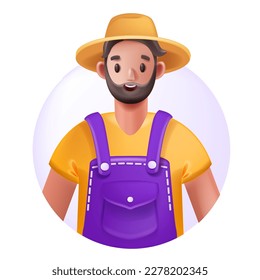 3D farmer avatar icon, young gardener, cartoon vector male character, smiling face, sun hat overalls. Summer working confident man, professional successful person portrait. 3D farmer illustration