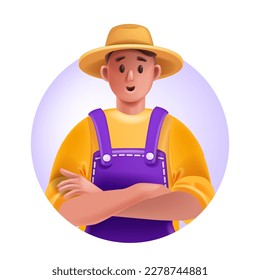 3D farmer avatar icon, young gardener, cartoon male character, vector smiling face, sun hat overalls. Summer working confident man, professional successful person portrait. 3D farmer illustration