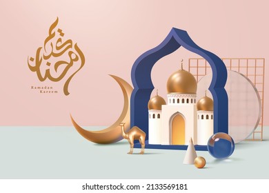 3d fashion Islamic holiday background design. Composition of crescent moon, circle glass disk, grid decor and mini mosque under Islamic door frame. Translation: Ramadan Kareem