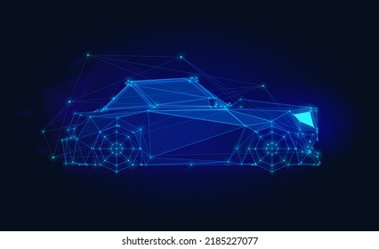 3d fast car. Vector illustration of futuristic low poly wireframe sport machine on dark background. Side view