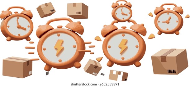 3D Fast delivery concept. Cardboard boxes with alarm clock. Express shipping service. 