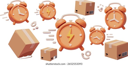 Concepto de entrega rápida 3D. Cajas de cartón con despertador. Servicio de envío express. 