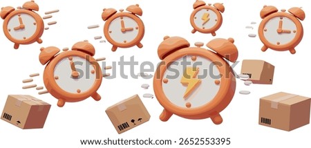 3D Fast delivery concept. Cardboard boxes with alarm clock. Express shipping service. 