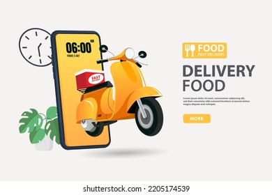 3D Fast delivery to phone via scooter. E-commerce concept. Online food ordering infographic. Website, app design. perspective vector