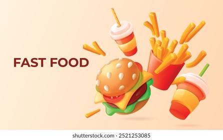 3d fast food banner. Fastfood render realistic ad delivery promotion design template, grilled bun beef burger bbq junk food delicious potato fries stick, exact vector illustration original artwork