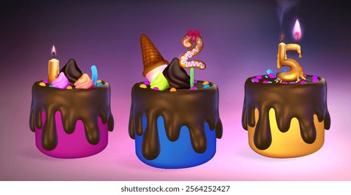 3d fast food . Chocolate dessert .  Children Birthday cake with a candle. Three cakes with chocolate drizzle and candles on top. The candles are lit and the cakes are decorated with various toppings