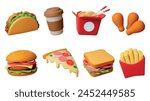 3d fast food. Isolated realistic pizza, burger, sandwich and wok box. Tasty wrap with meat and vegetables. Render cafe restaurant pithy vector elements