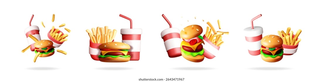 3D fast food menu set with burger, soda cup, and french fries. Cafe or restaurant advertising for street food.