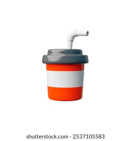 3D fast food. Tasty hot drink. Coffee, cocoa or tea. Realistic plastic cup with lid and straw. Render. Traditional street drinks. Vector illustration isolated on white background.