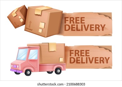 3D Fast Free Delivery Illustration, Vector Transport Car, Cardboard Box, Express Shipping Business Logo. Pink Cargo Van Isolated On White Shipment Company Signboard Design. 3D Express Delivery Sticker