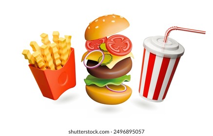 3d fastfood realistic render icon set. Streetfood vector illustration