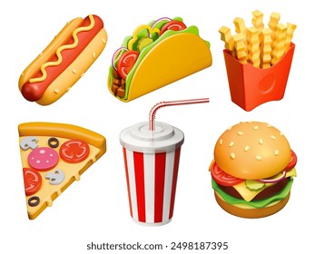 3d fastfood realistic render icon set. Streetfood vector illustration