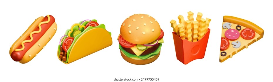 Conjunto de iconos de renderizado realista de comida rápida 3D. Ilustración vectorial de Streetfood