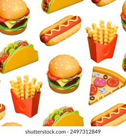 3d fastfood realistic render seamless pattern. Streetfood vector texture background