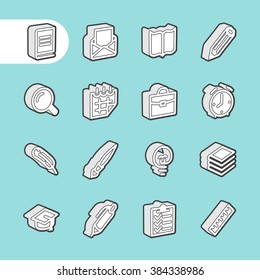 3D Fat Line Icon set for web and mobile. Modern minimalistic flat design elements of learning and education, school supplies