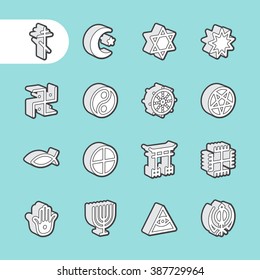 3D Fat Line Icon Set für Web und Mobile. Moderne minimalistische flache Gestaltungselemente weltlicher religiöser Symbole