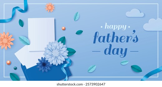 3d Father day layout with navy post envelope on blue background, blank letter sheets, decorative paper cut flowers and scattered green leaves, turquoise ribbon and beads. Holiday greeting composition.