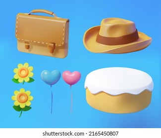 3D Father's day daddy elements. Illustration of dad's fedora hat, briefcase with festive decorations of cream cake, flowers, and balloons isolated on blue background