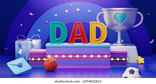 3D father's day decor display template. Composition of letters DAD display on stage surrounded by giant trophy and father's day decor with arc background