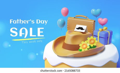 3D Vatertag Verkaufsbanner Design. Illustration von Papads Fedora-Hut auf einem cremefarbenen Kuchen mit einer Aktentasche und Ballons auf blauem Hintergrund. Konzept der Versendung von Liebe und Geschenk an Papa