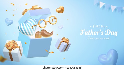 3d Father's day sales poster design. Illustrated with the opened gift box along with some festive decorations. Concept of sending love and surprise for dads.