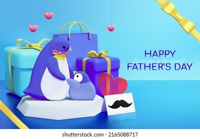 3D Father's day sales poster design. Illustration of penguin father and son on an iceberg with gifts behind on blue ice background.Concept of sending love and surprise to dad