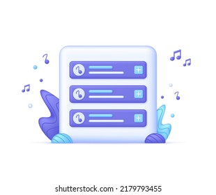 3D Favorite playlist with tracks, search music and audio streaming. Music player concept. Online music. Can be used for many purposes. Trendy and modern vector in 3d style