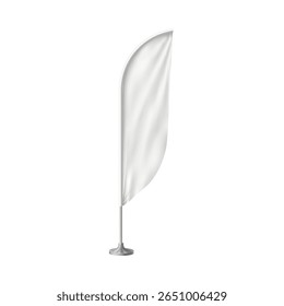 3d feather flag. Empty textile banner mockup, white on a stand, with folds. For exhibition, promotion, branding. Realistic template. Vector illustration. Isolated background.