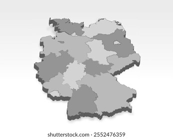 3D  Federal Republic of Germany map with all states in gray. Three dimensional map of German lands with shadow. Flag of Germany on white background for your design, app, UI.  EPS10. 