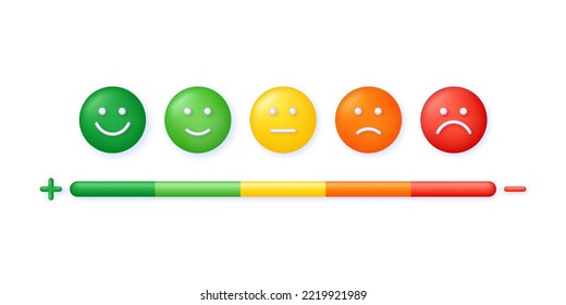 3D Feedback emotion scale illustration. Reviews with good and bad rating. Feedback in the form of emotions. Customer reviews. Excellent, good, normal, bad, terrible. Trendy vector in 3d style.
