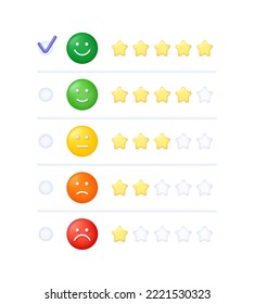 Ilustración de la escala de emociones 3D Feedback. Reseñas con buena y mala calificación. Comentarios en forma de emociones. Comentarios de los clientes. Excelente, bueno, normal, malo, terrible. Vector moderno y moderno en 3d