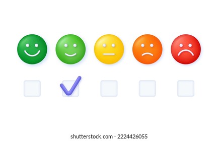 3D Feedback emotion scale illustration. Reviews with good and bad rating. Feedback in the form of emotions. Customer reviews. Excellent, good, normal, bad, terrible. Trendy vector in 3d style.