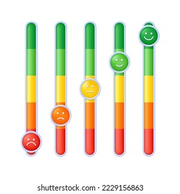 3D Feedback emotion scale illustration. Reviews with good and bad rating. Feedback in the form of emotions. Customer reviews. Excellent, good, normal, bad, terrible. Trendy vector in 3d style.