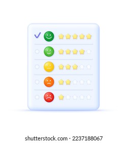 3D Feedback emotion scale illustration. Reviews with good and bad rating. Feedback in the form of emotions. Customer reviews. Excellent, good, normal, bad, terrible. Modern vector in 3d style.