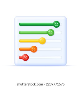 3D Feedback emotion scale illustration. Reviews with good and bad rating. Feedback in the form of emotions. Customer reviews. Excellent, good, normal, bad, terrible. Modern vector in 3d style.