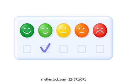 3D Feedback emotion scale illustration. Reviews with good and bad rating. Feedback in the form of emotions. Customer reviews. Excellent, good, normal, bad, terrible. Modern vector in 3d style.