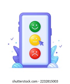 3D Feedback emotion scale on Phone. Reviews with good and bad rating. Feedback in the form of emotions. Customer reviews. Excellent, good, normal, bad, terrible. Modern vector in 3d style.