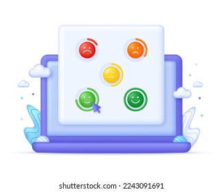 3D Feedback emotion scale on Computer. Reviews with good and bad rating. Feedback in the form of emotions. Customer reviews. Excellent, good, normal, bad, terrible. Modern vector in 3d style.