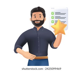 3D Feedback and review concept. Character giving positive feedback and filling survey form. Rating scale and customer satisfaction. Vector illustration