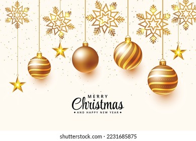 3d Feliz natal merry Christmas golden luxury balls with christmas snowflakes background banner greetings. Translation "merry Christmas wishing lettering".