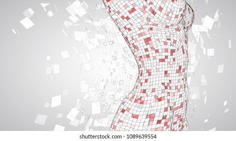 3d female body from square polygons. vector.flying particles