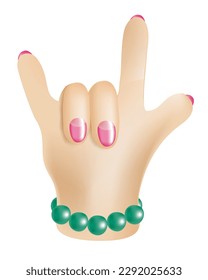 3D female hand with pink manicure and green bracelet. Horns. Rock sign. Vector isolated illustration.