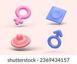 3D female and male gender symbols, pink and blue condoms. Safe sex, care for sexual health. Propaganda of contraception. Isolated illustrations in cartoon style