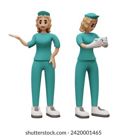 3D weibliche Krankenschwester zeigt Seite an Seite mit der Hand, betrachtet Thermometer