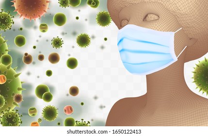 3D female portrait in a medical mask against the background of bacteria, viruses, spores and dust.